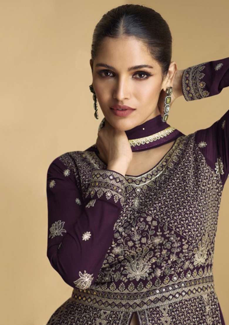 Wine Embroidery Georgette Anarkali set - Indya