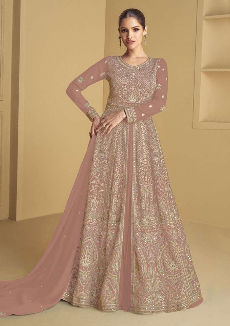 Peach Embroidery Georgette Anarkali set - Indya