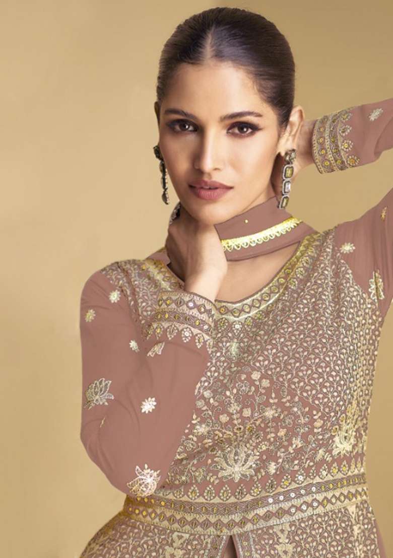 Peach Embroidery Georgette Anarkali set - Indya