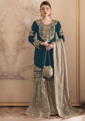 Rama Green Embroidery Fox Georgette Sharara Set