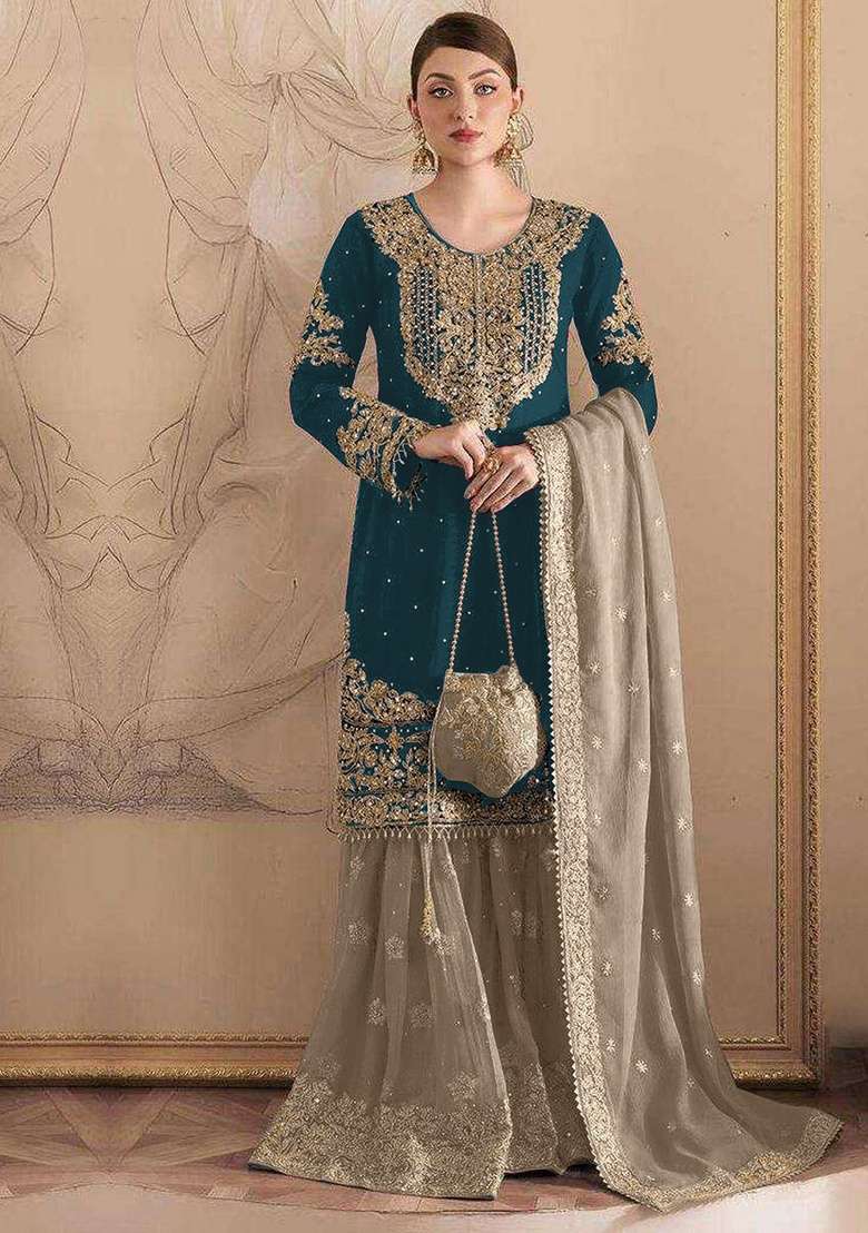 Rama Green Embroidery Fox Georgette Sharara Set - Indya