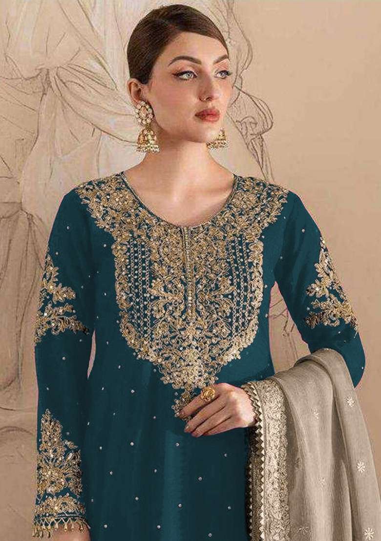 Rama Green Embroidery Fox Georgette Sharara Set - Indya
