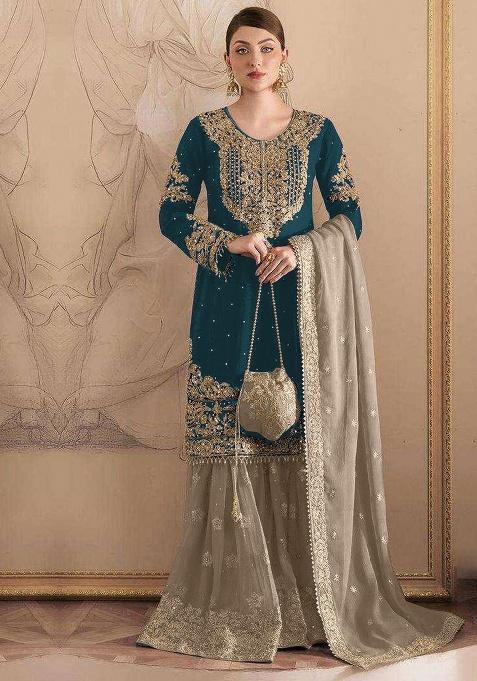 Rama Green Embroidery Fox Georgette Sharara Set