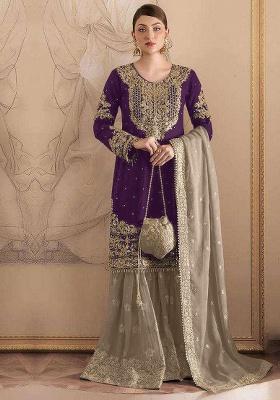 Wine Embroidery Fox Georgette Sharara Set