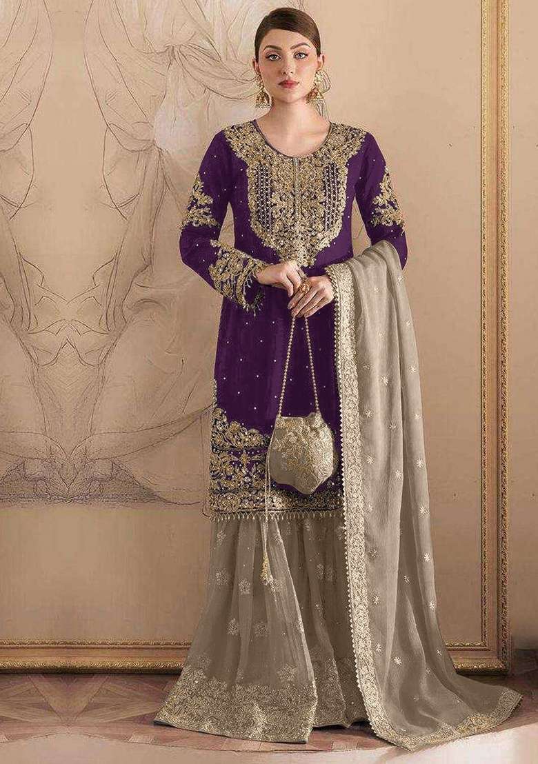 Wine Embroidery Fox Georgette Sharara Set - Indya