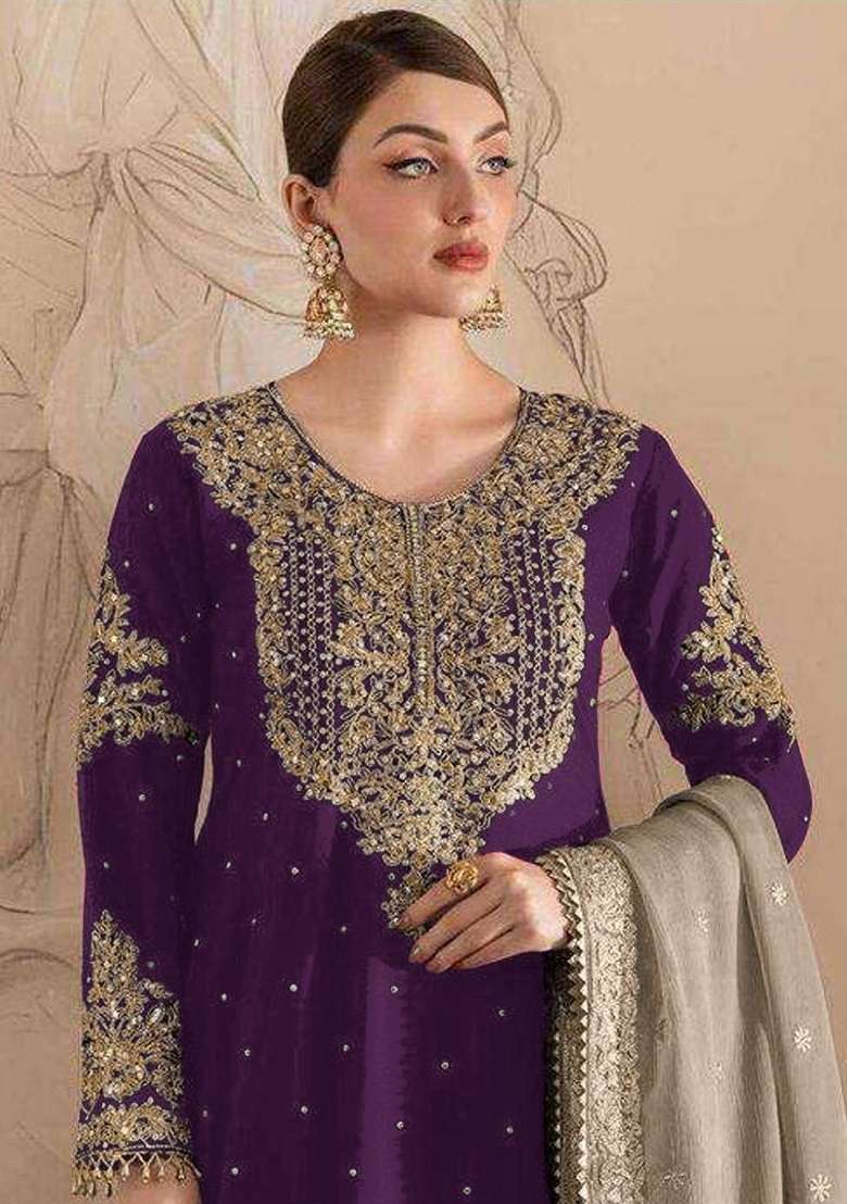Wine Embroidery Fox Georgette Sharara Set - Indya