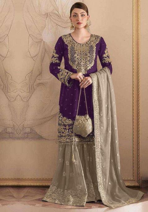 Wine Embroidery Fox Georgette Sharara Set