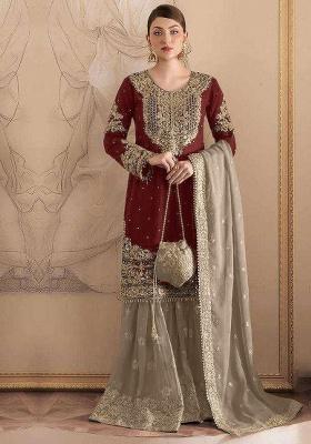 Maroon Embroidery Fox Georgette Sharara Set