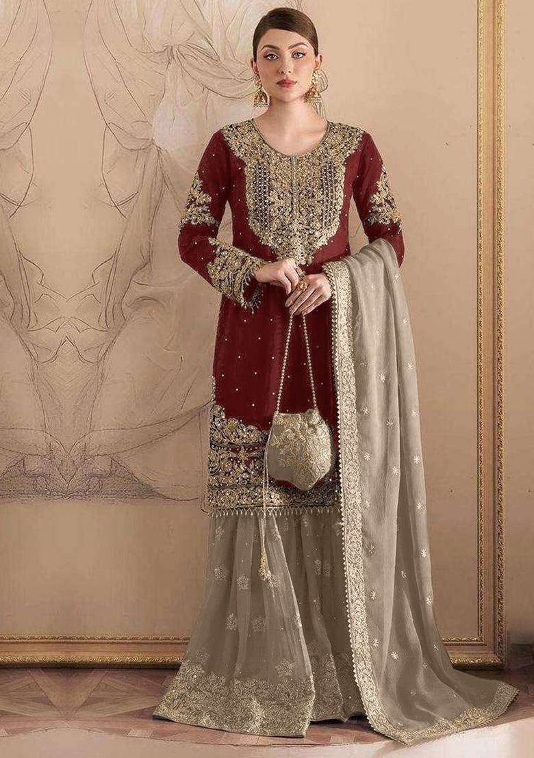 Maroon Embroidery Fox Georgette Sharara Set - Indya
