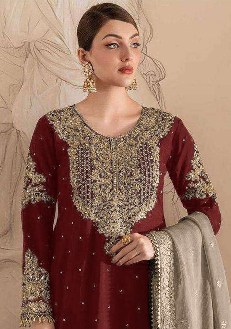 Maroon Embroidery Fox Georgette Sharara Set - Indya
