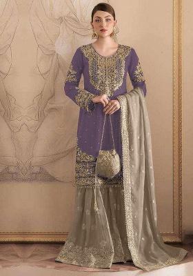 Purple Embroidery Fox Georgette Sharara Set
