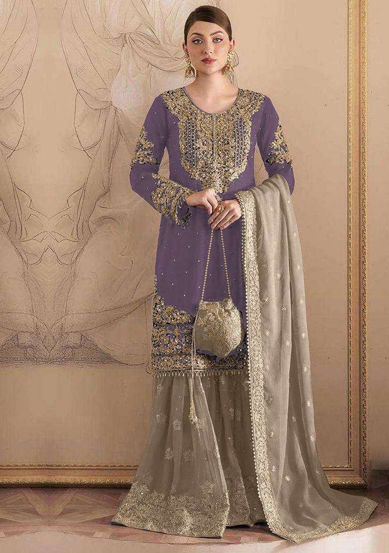 Purple Embroidery Fox Georgette Sharara Set - Indya