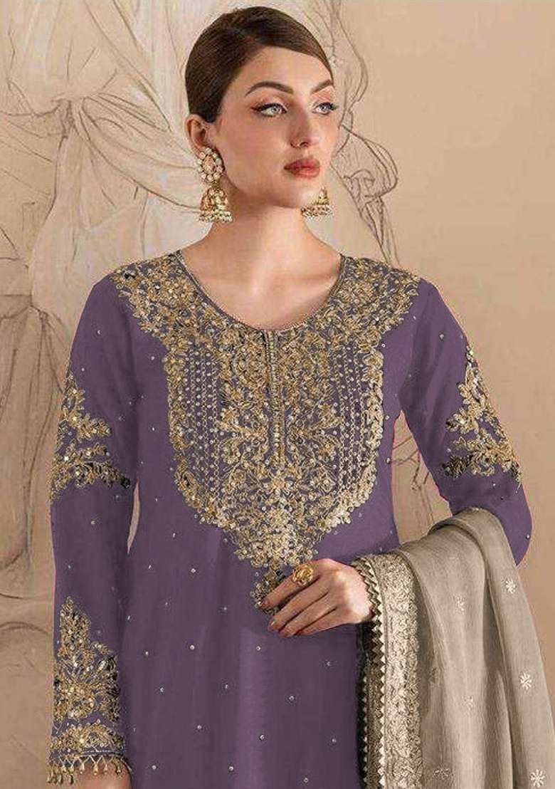 Purple Embroidery Fox Georgette Sharara Set - Indya