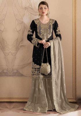 Black Embroidery Fox Georgette Sharara Set