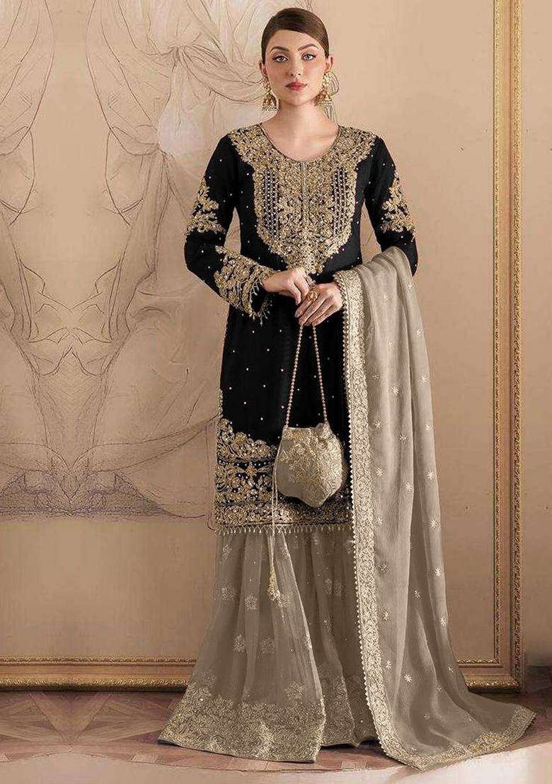 Black Embroidery Fox Georgette Sharara Set - Indya