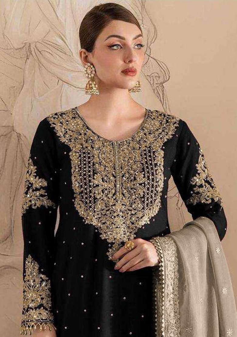Black Embroidery Fox Georgette Sharara Set - Indya