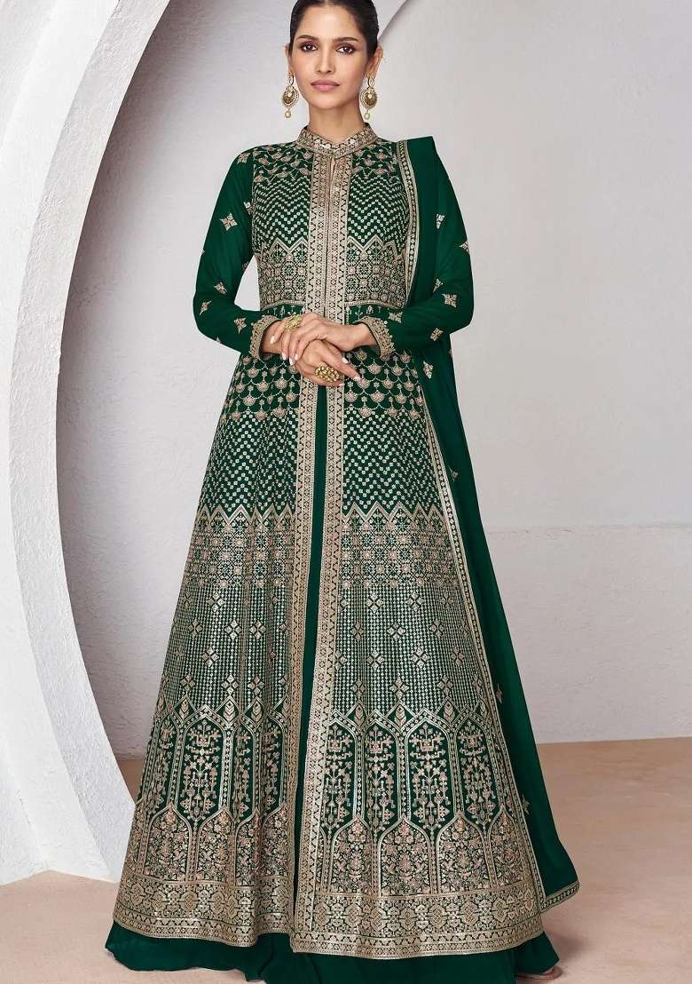 Green Embroidery Georgette Anarkali set - Indya