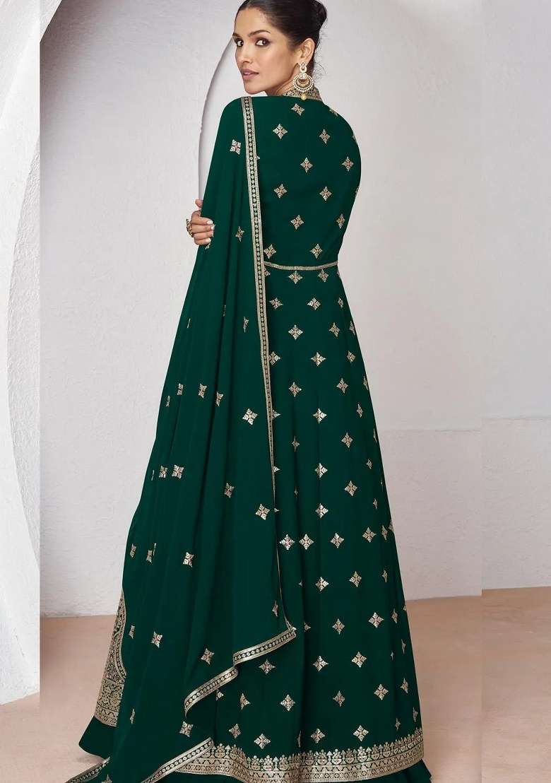 Green Embroidery Georgette Anarkali set - Indya