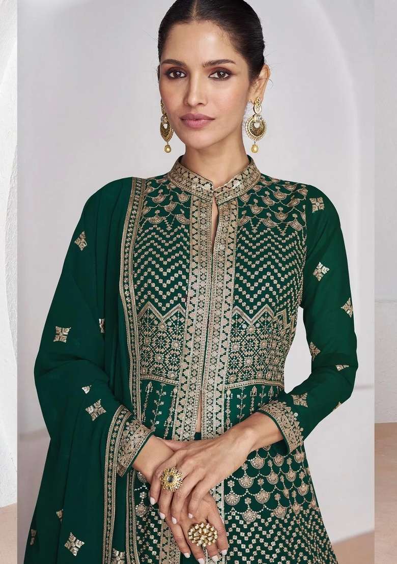 Green Embroidery Georgette Anarkali set - Indya