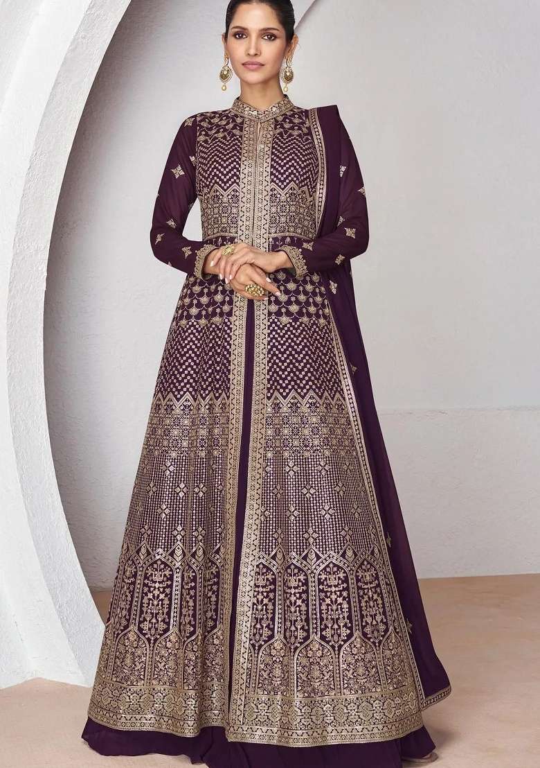 Wine Embroidery Georgette Anarkali set - Indya