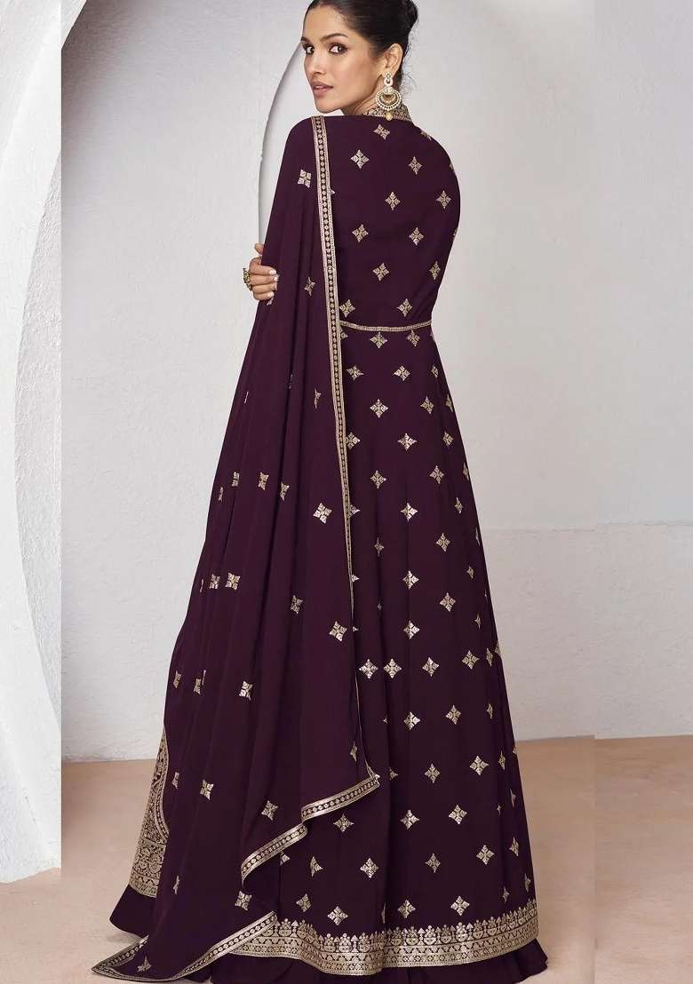 Wine Embroidery Georgette Anarkali set - Indya