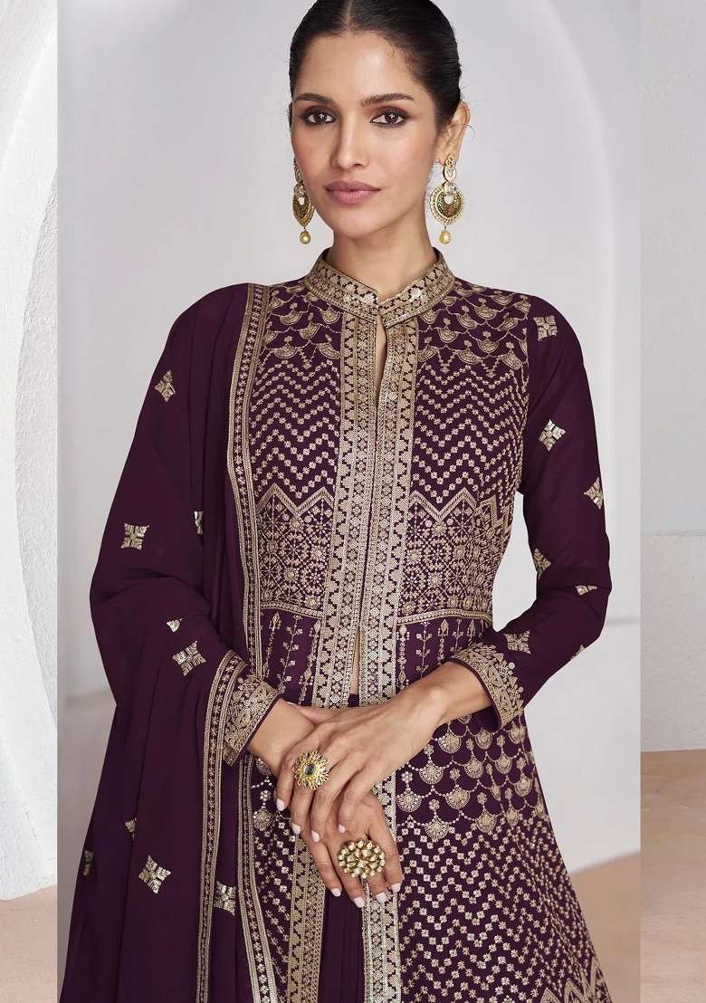 Wine Embroidery Georgette Anarkali set - Indya