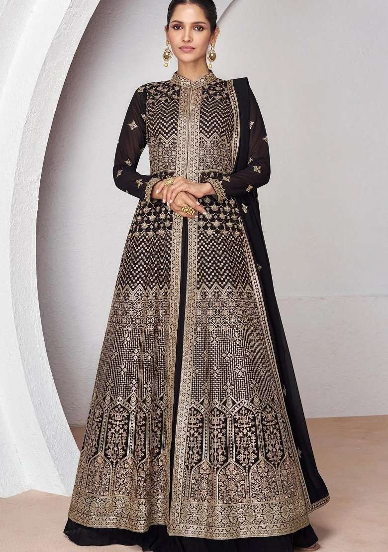 Black Embroidery Georgette Anarkali set - Indya