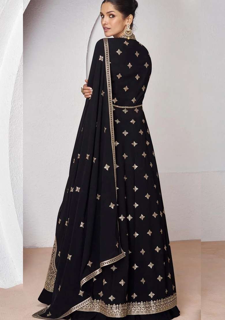 Black Embroidery Georgette Anarkali set - Indya
