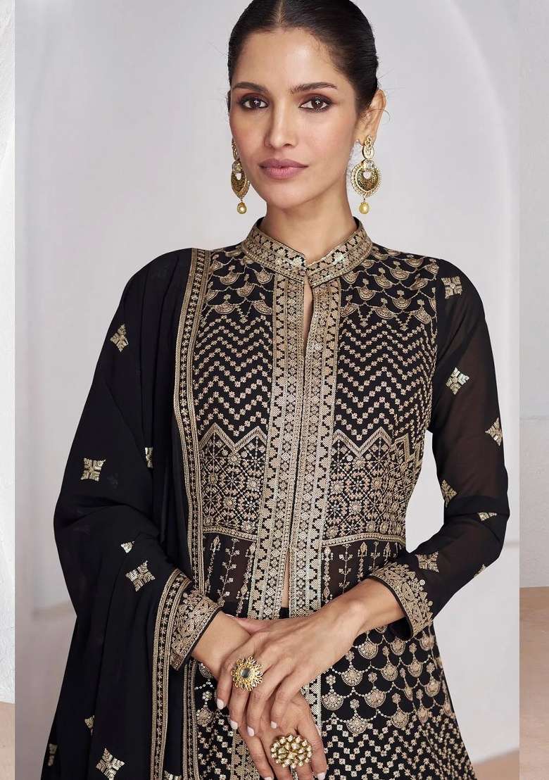 Black Embroidery Georgette Anarkali set - Indya