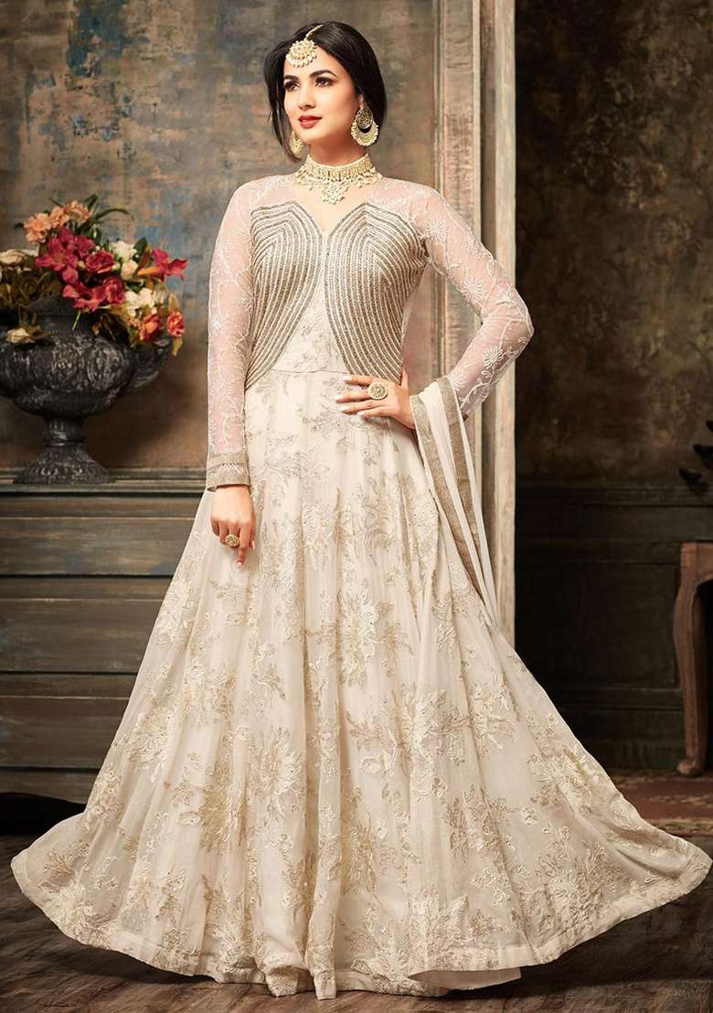 Cream Embroidery Georgette Anarkali set - Indya