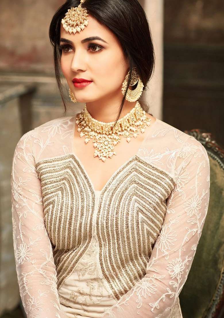 Cream Embroidery Georgette Anarkali set - Indya
