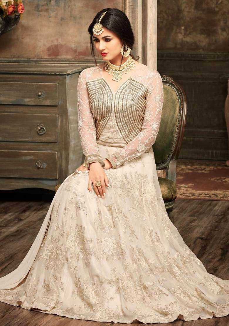Cream Embroidery Georgette Anarkali set - Indya