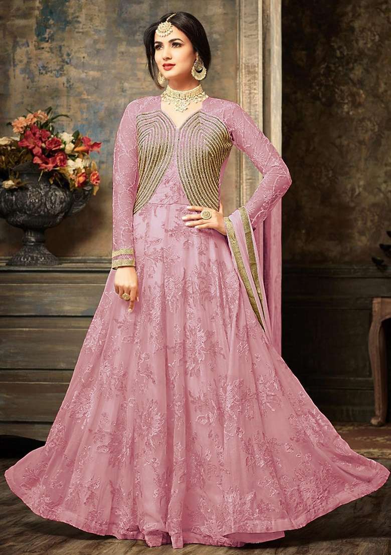 Pink Embroidery Georgette Anarkali set - Indya