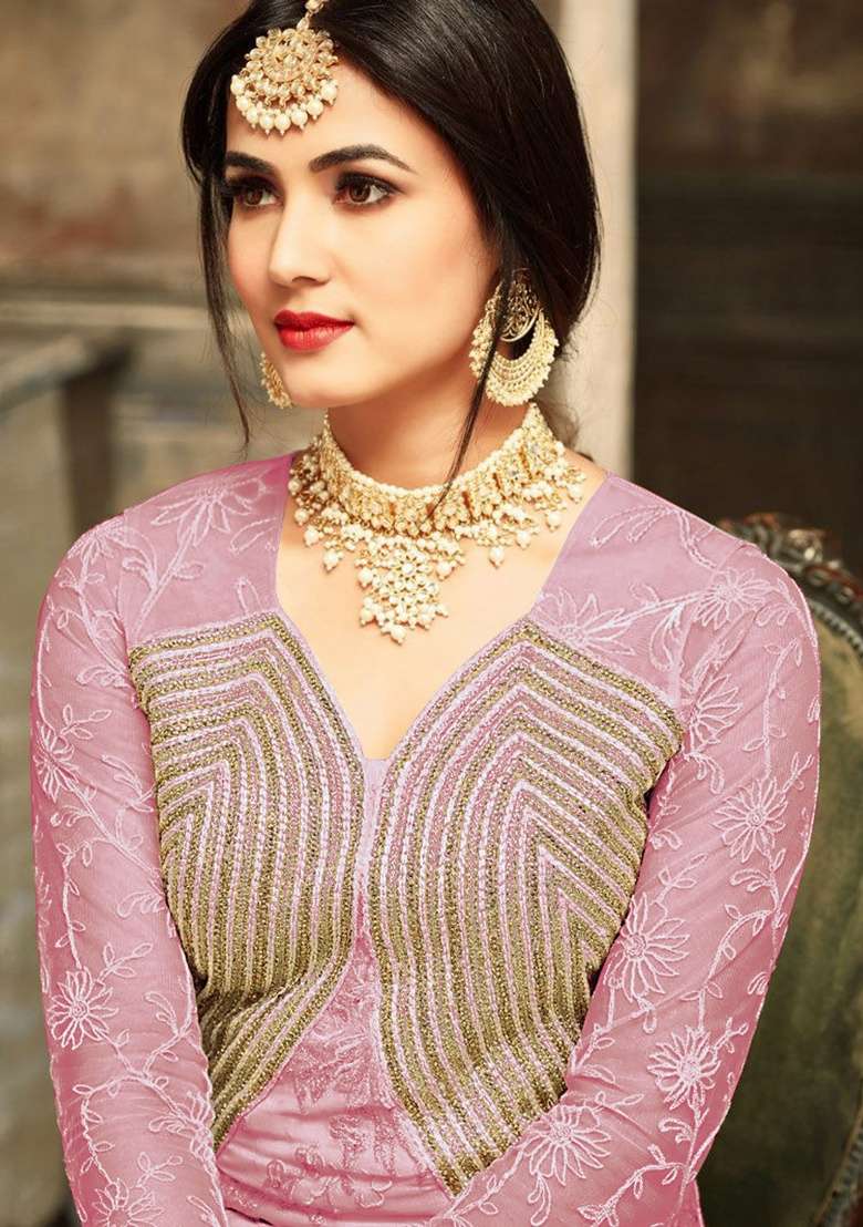 Pink Embroidery Georgette Anarkali set - Indya