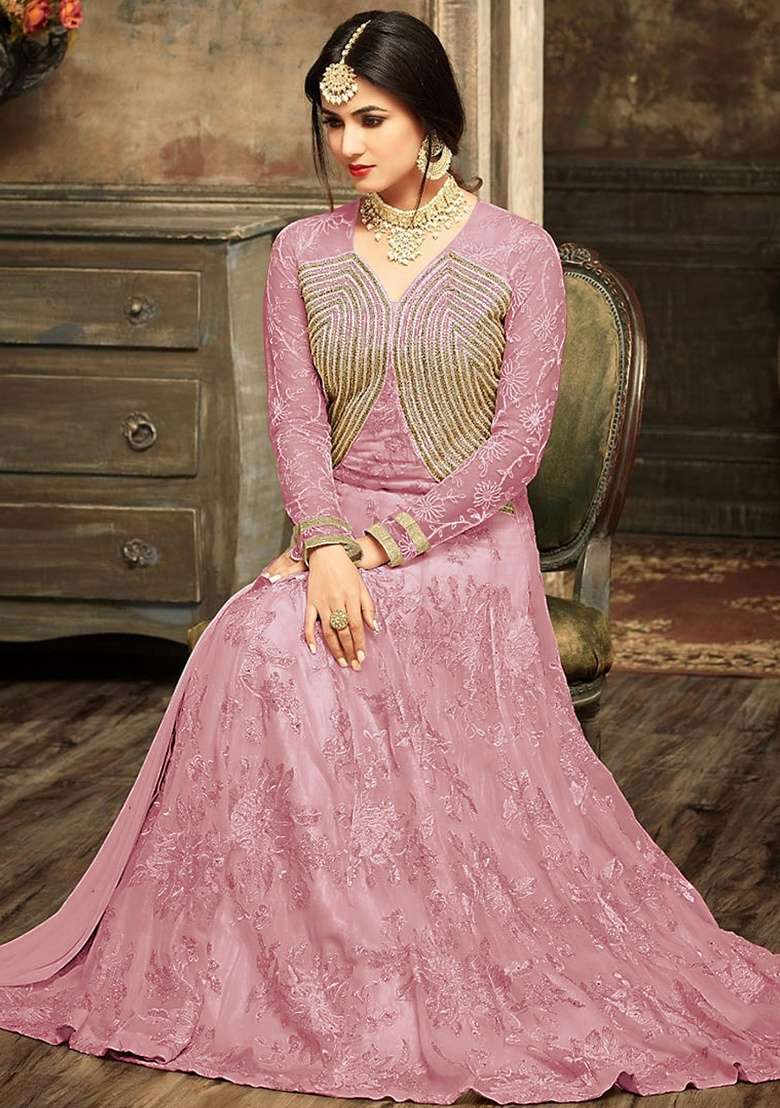 Pink Embroidery Georgette Anarkali set - Indya
