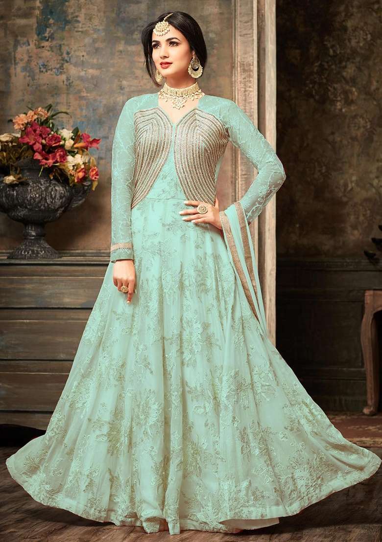 Pista Green Embroidery Georgette Anarkali set - Indya