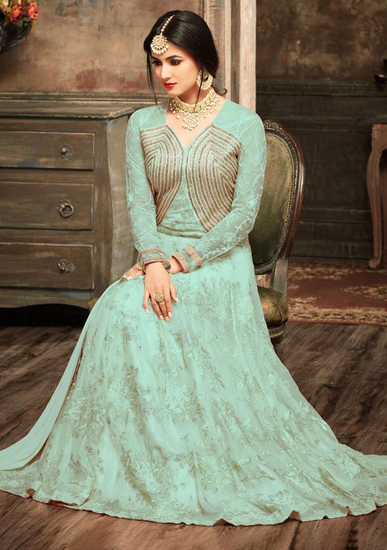 Pista Green Embroidery Georgette Anarkali set - Indya