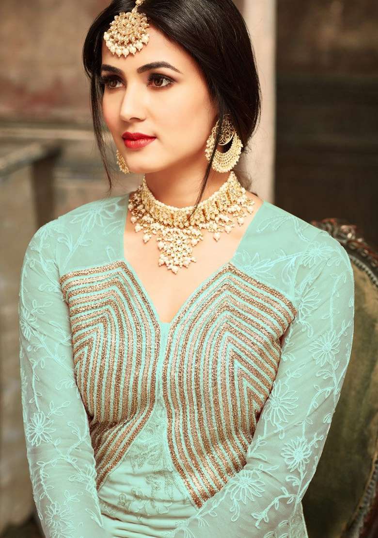 Pista Green Embroidery Georgette Anarkali set - Indya