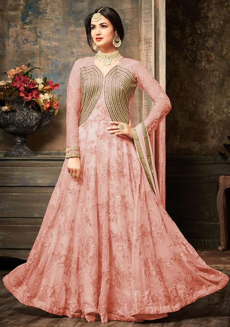 Peach Embroidery Georgette Anarkali set - Indya