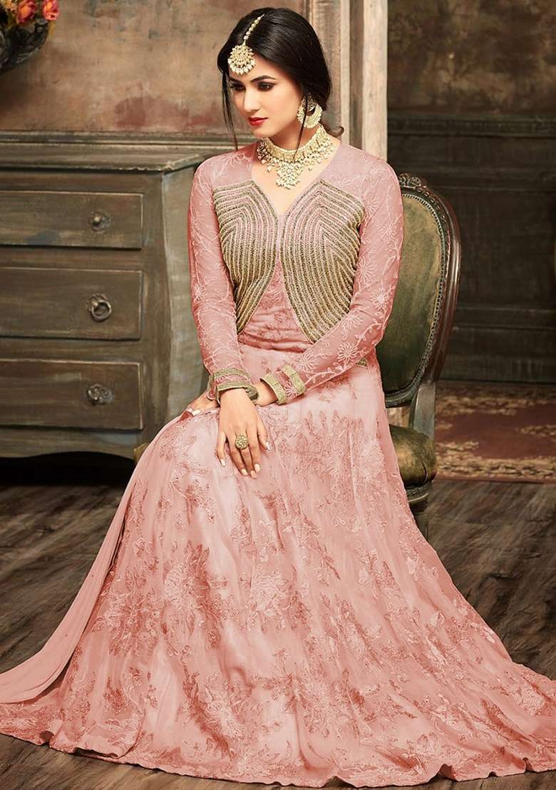 Peach Embroidery Georgette Anarkali set - Indya
