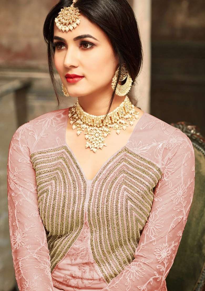 Peach Embroidery Georgette Anarkali set - Indya
