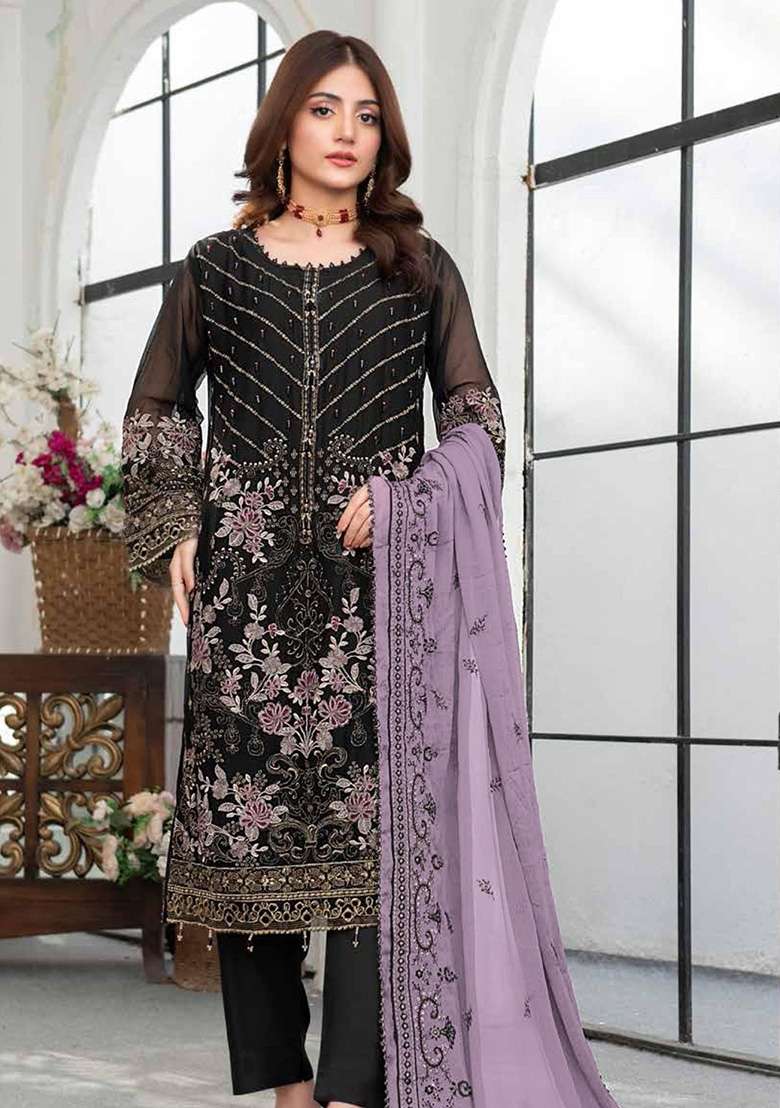 Black Embroidered Georgette Salwar Kameez Set - Indya