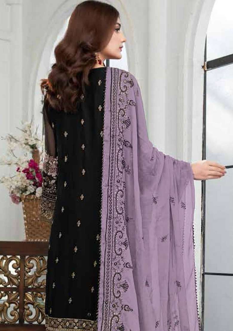 Black Embroidered Georgette Salwar Kameez Set - Indya
