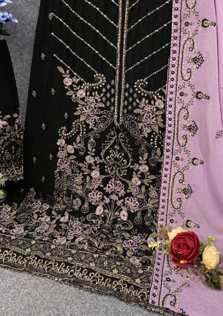 Black Embroidered Georgette Salwar Kameez Set - Indya