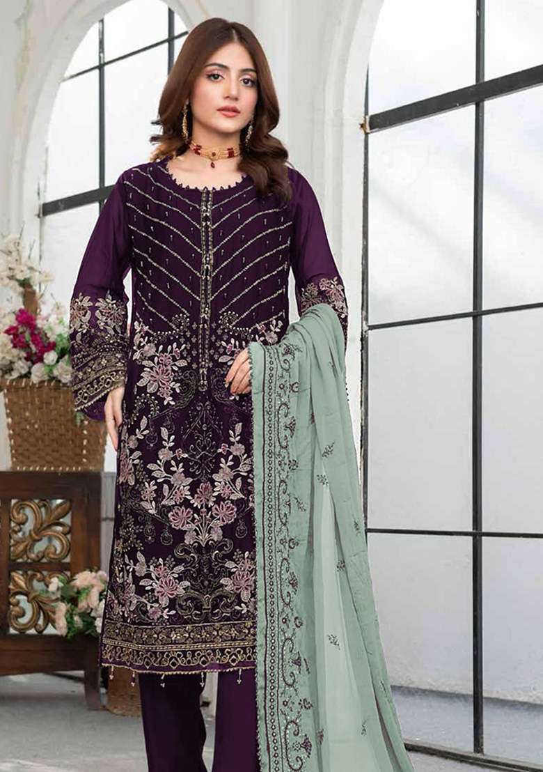 Dark Purple Embroidered Georgette Salwar Kameez Set - Indya