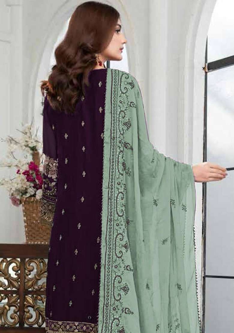 Dark Purple Embroidered Georgette Salwar Kameez Set - Indya