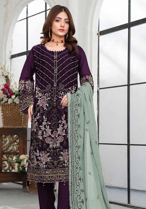Dark Purple Embroidered Georgette Salwar Kameez Set