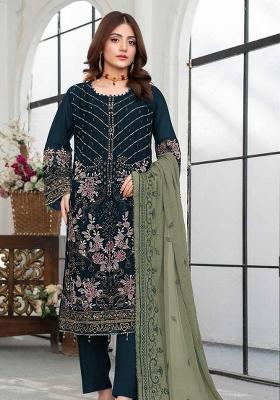 Teal Blue Embroidered Georgette Salwar Kameez Set