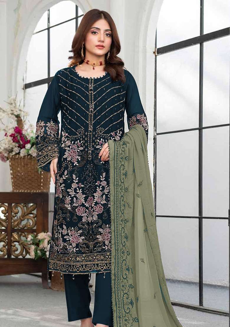 Teal Blue Embroidered Georgette Salwar Kameez Set - Indya