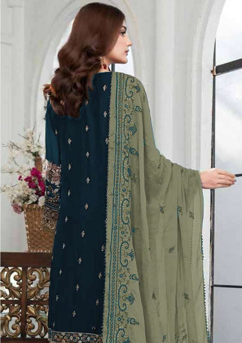 Teal Blue Embroidered Georgette Salwar Kameez Set - Indya